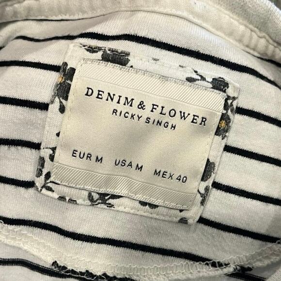 Denim & Flower by Ricky Singh T-Shirt Short Sleeve Striped White Black Size M - Picture 3 of 3